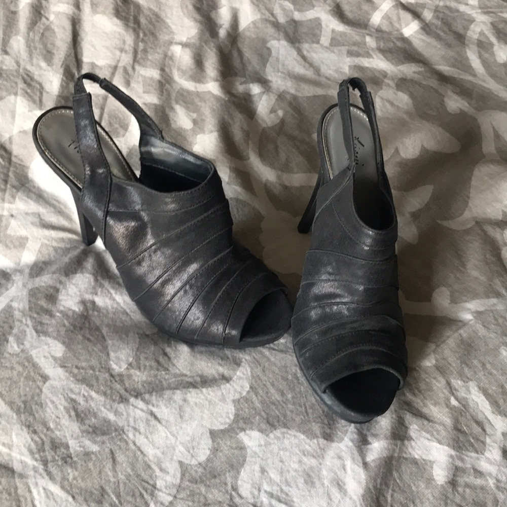 Charcoal Gray Peep Toe Heeled Booties